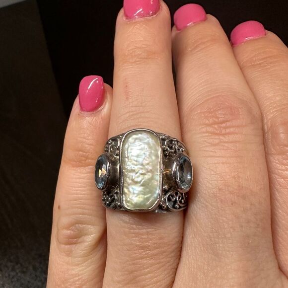 Genuine pearl and blue topaz in sterling silver ring! - Picture 11 of 13